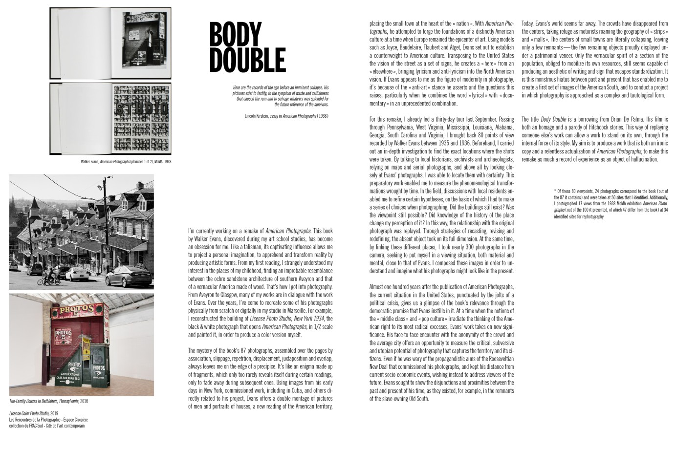 Camille Fallet - Body Double - *Body Double a work in progress*, construction d'un remake du livre *American Photographs* de Walker Evans.